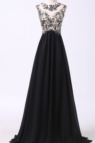 A-line Sleeveless Floor-length 100D Chiffon Evening Gown With Appliques