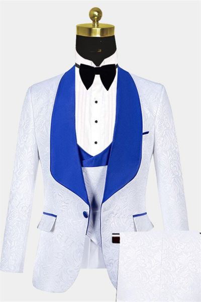 White Jacquard Tuxedo with Blue Shawl Lapel