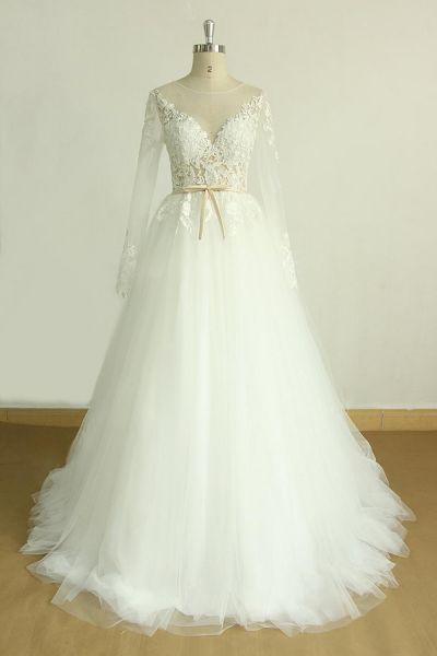 A-line V-neck Jewel Neck Long Sleeves Court Train Tulle Wedding Gown With Appliques