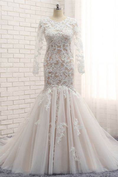Mermaid Jewel Neck Long Sleeves Floor-length Tulle Bridal Gown With Appliques