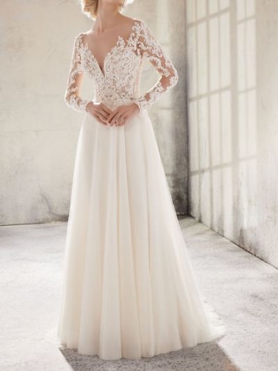 A-line Long Sleeves Sweep / Brush Train Lace Wedding Gown With Lace
