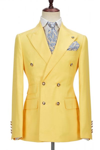 Yellow Double Breasted Bespoke Men Suit with Peaked Lapel
