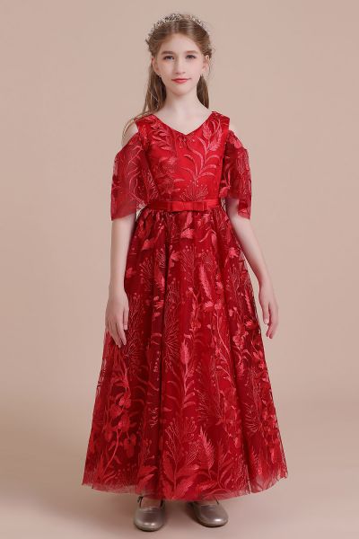 A-line V-neck Half-Sleeves Ankle-length Tulle Flower Girl Dress With Ribbons