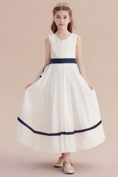 A-line V-neck Sleeveless Ankle-length Lace Flower Girl Dress With Tiered