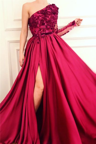 A-line One Shoulder Long Sleeves Floor-length Stretch Satin Formal Dress With Appliques