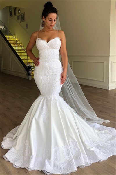 Mermaid Spaghetti Straps Sleeveless Sweep / Brush Train Tulle Wedding Gown With Lace