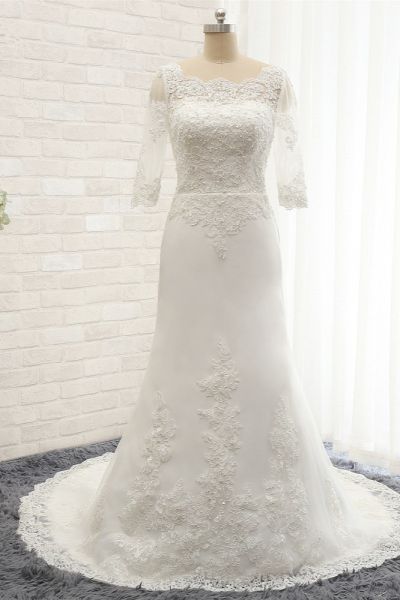 A-line Half-Sleeves Floor-length Stretch Satin Wedding Dress With Appliques