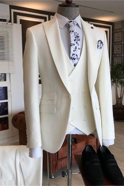 White Three Pieces Peaked Lapel Bespoke Men's Suit for Wedding