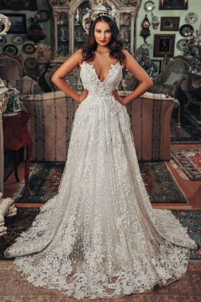 A-line V-neck Sleeveless Court Train Lace Wedding Dress With Lace