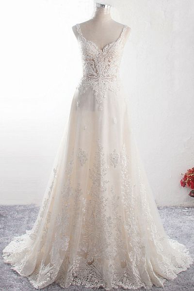 A-line Straps V-neck Sleeveless Floor-length Tulle Wedding Dress With Lace