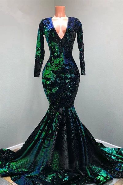 Mermaid V-neck Long Sleeves Floor-length Evening Gown With Pattern