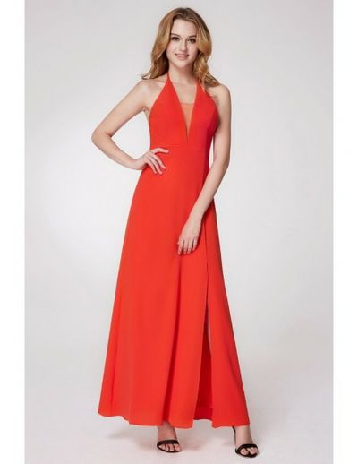 Long Slit Front Halter Orange Bridesmaid Dress