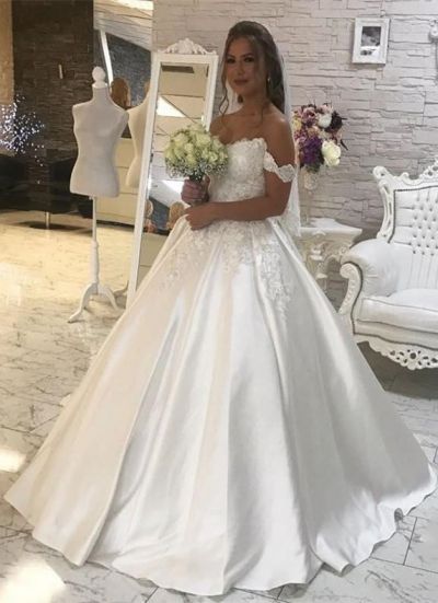 Ball Gown Off-the-shoulder Short Sleeves Floor-length Wedding Dress With Lace