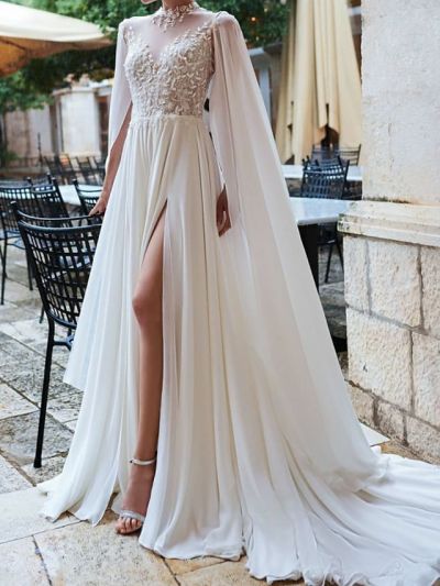 A-line Long Sleeves Court Train Tulle Bridal Gown With Lace