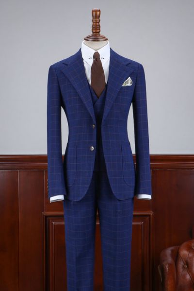 Blue Plaid Slim Fit Business Suit