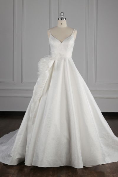 A-line Spaghetti Straps V-neck Sleeveless Floor-length Satin Bridal Dress With Ruffles