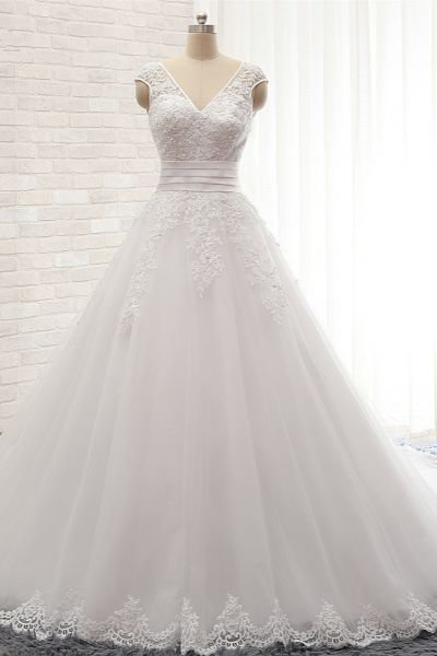 A-line Straps V-neck Court Train Tulle Wedding Gown With Appliques