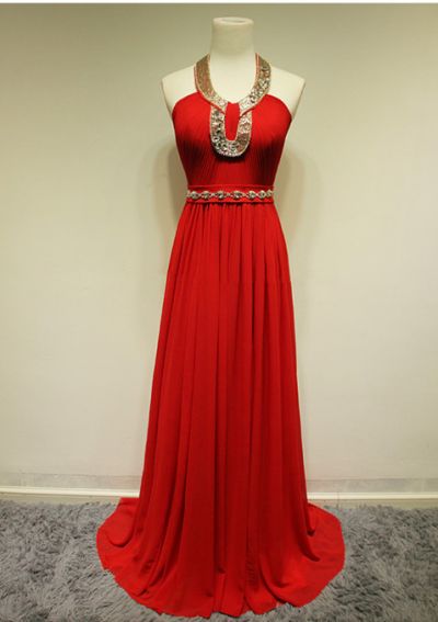 A-line Halter-neck Sleeveless Court Train Tulle Evening Gown With Beading