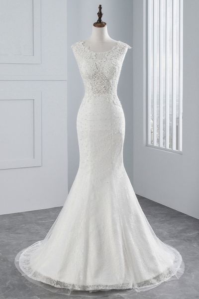 Mermaid Jewel Neck Sleeveless Floor-length Tulle Bridal Dress With Lace