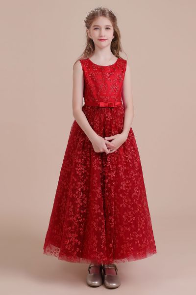 A-line Jewel Neck Sleeveless Ankle-length Tulle Flower Girl Dress With Embroidery