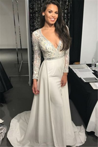 Column V-neck Sweep / Brush Train Evening Dress With Crystal