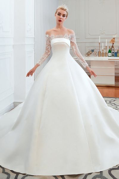 Bateau Neck Long Sleeves Cathedral Train Satin Wedding Gown With Lace