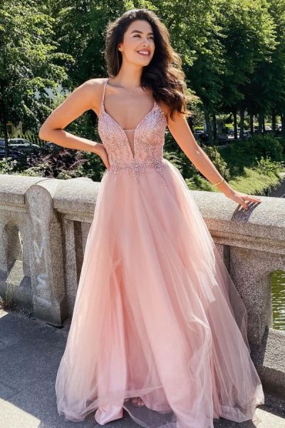 A-line Plunging Neckline Sleeveless Floor-length Tulle Evening Dress With Beading