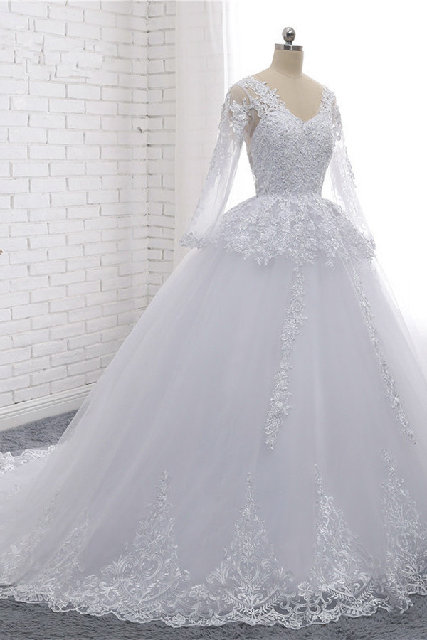 A-line V-neck Long Sleeves Floor-length Tulle Bridal Attire With Appliques 3