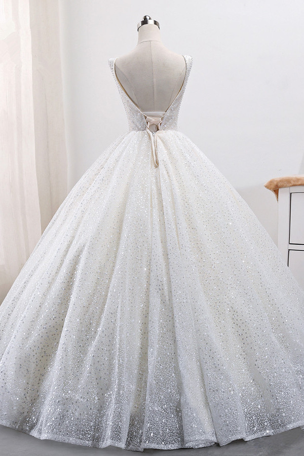 Ball Gown Straps V-neck Sleeveless Floor-length Tulle Wedding Dress With Sequins 2