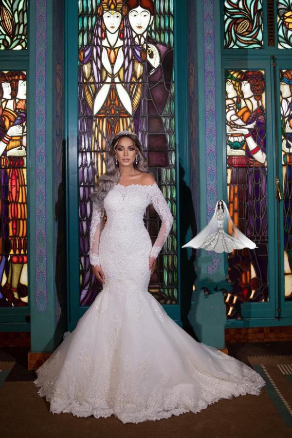 A-line Off-the-shoulder Long Sleeves Chapel Train Satin Wedding Dress With Lace 3
