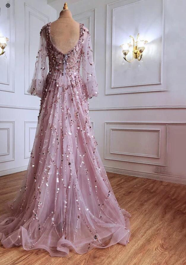 A-line Jewel Neck Long Sleeves Floor-length Formal Dress With Gilding 4