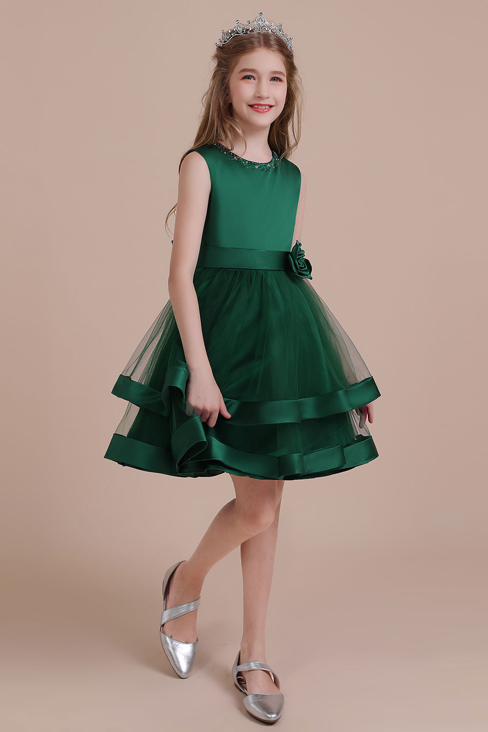 A-line Jewel Neck Sleeveless Knee-length Satin Flower Girl Dress With Bow 4