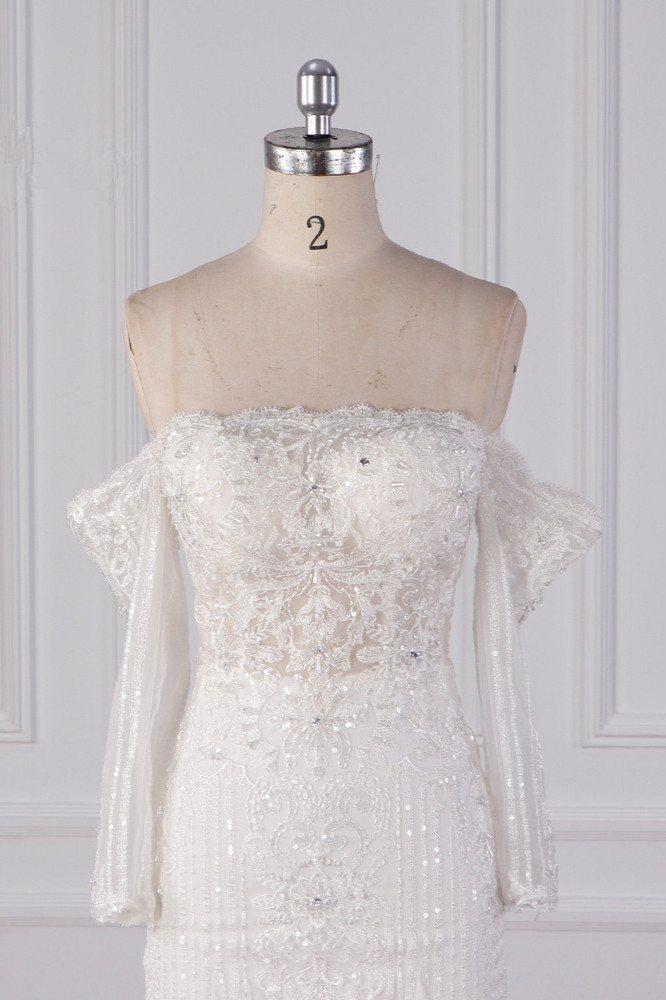Mermaid Strapless Long Sleeves Floor-length Tulle Wedding Dress With Lace 4