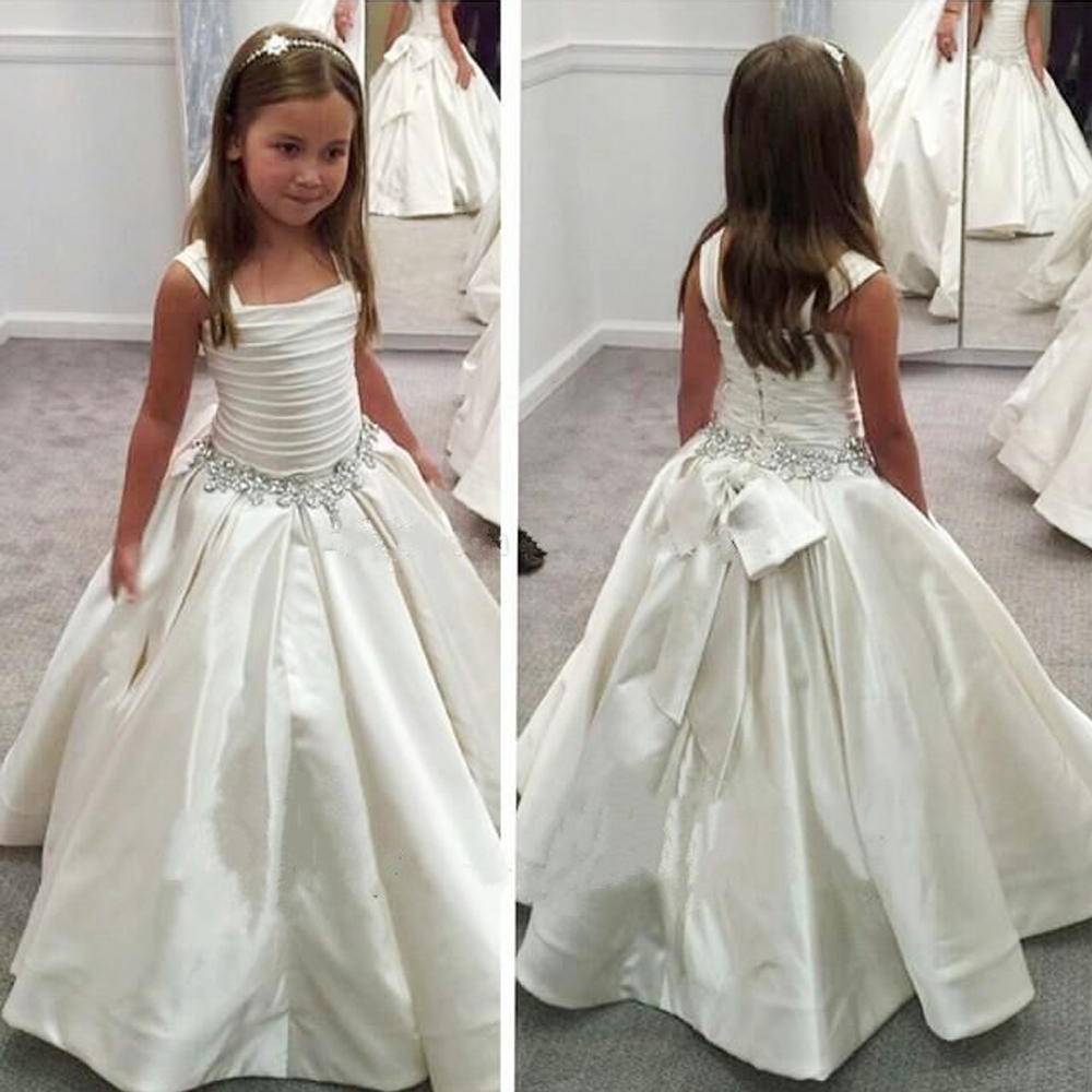 est A-Line White Children Dresses Sleeveless Beading Flower Girl Gowns with Bowknot 2