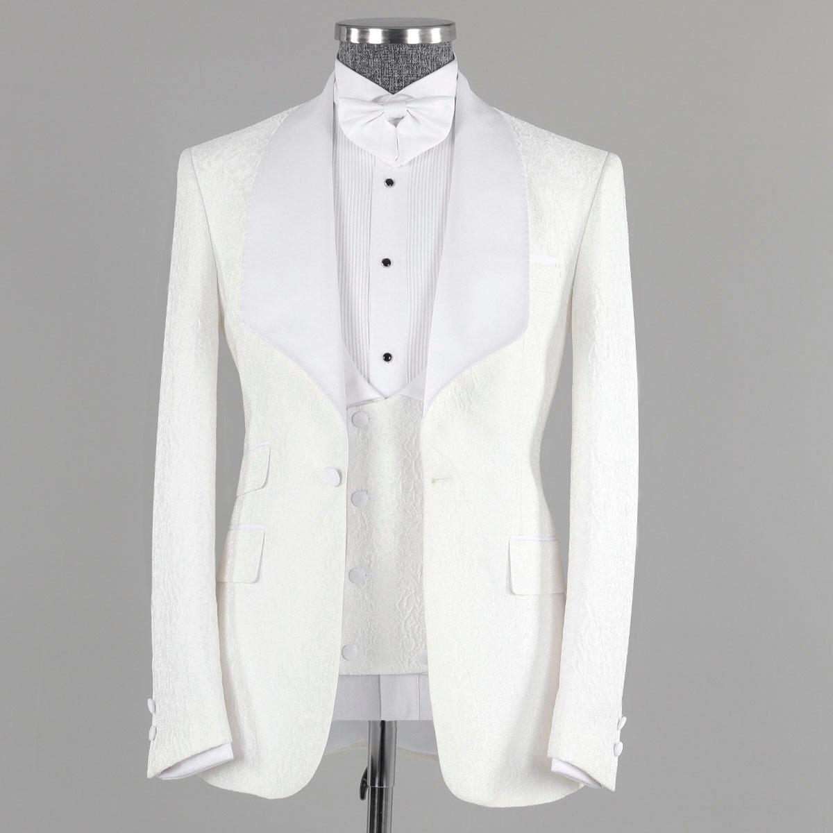 White Jacquard Three Pieces Bespoke Wedding Men Suit 4