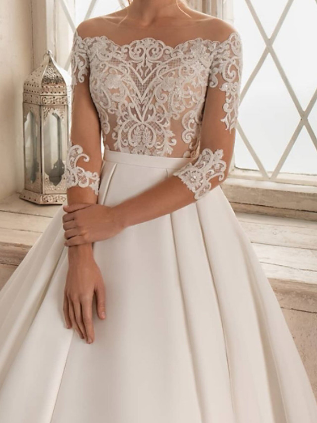 A-line Bateau Neck 3/4-Length Sleeves Sweep / Brush Train Tulle Bridal Gown With Lace 2
