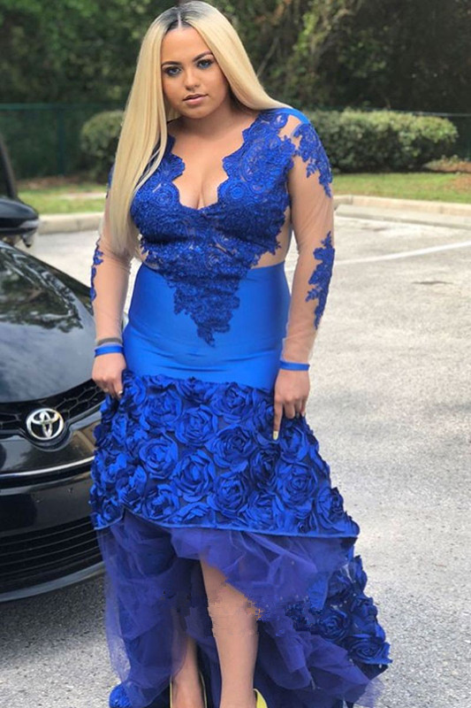 Mermaid V-neck Long Sleeves Sweep / Brush Train Formal Wear With Appliques 2