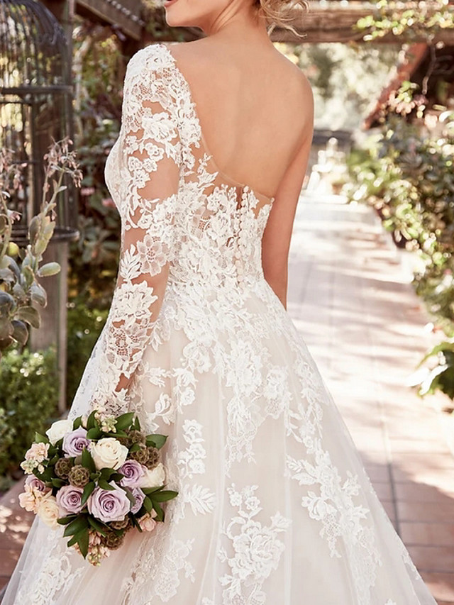 A-line One Shoulder Long Sleeves Court Train Lace Wedding Dress With Buttons 2