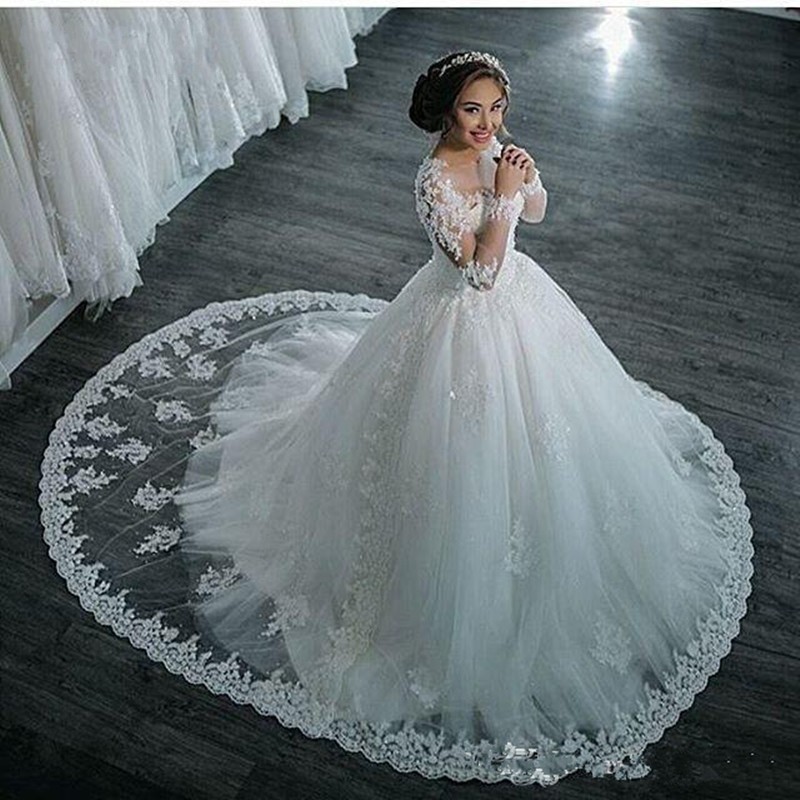 Ball Gown Jewel Neck Long Sleeves Court Train Wedding Dress With Beading 5