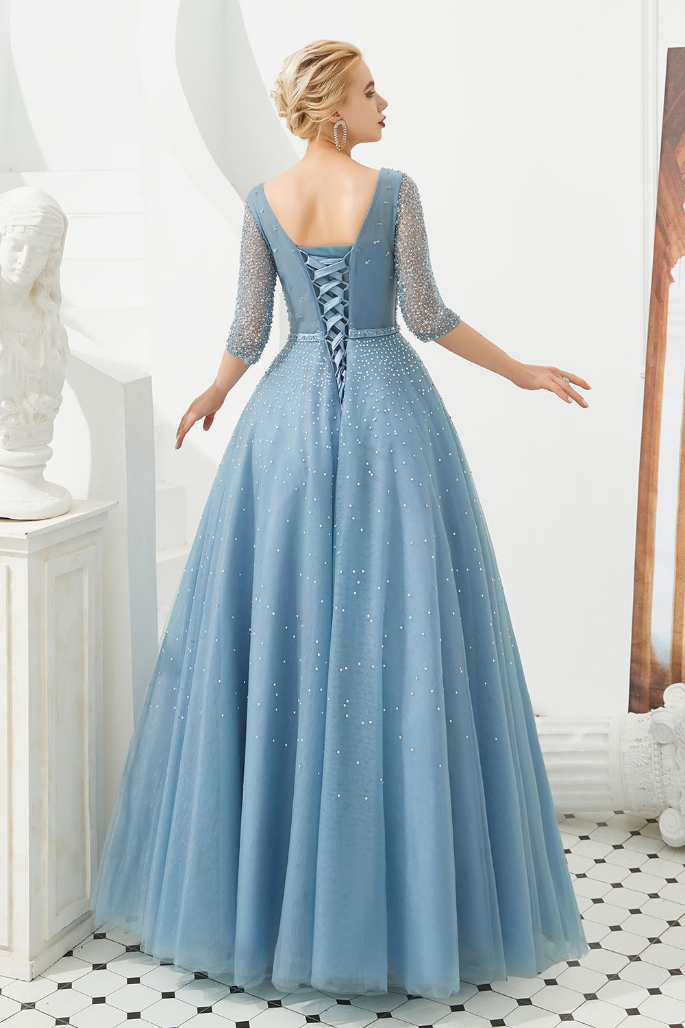 V-neck Half-Sleeves Sweep / Brush Train Tulle Formal Wear With Sequins 7