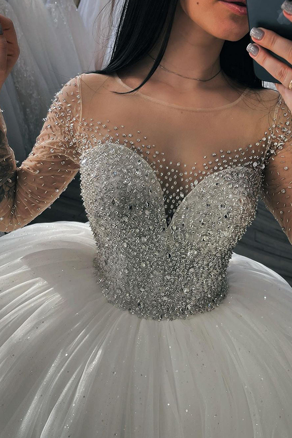 Ball Gown Jewel Neck Long Sleeves Chapel Train Tulle Wedding Gown With Beading 2