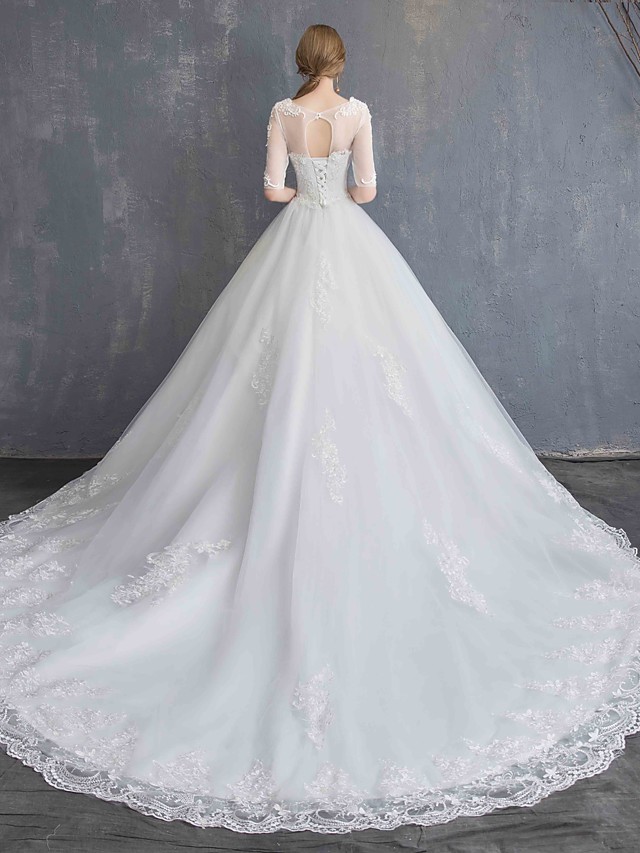 Ball Gown Scoop Neck Half-Sleeves Chapel Train Lace Bridal Gown With Lace 16