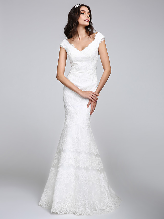 Mermaid V-neck Cap Sleeves Floor-length Tulle Bridal Attire With Lace 4