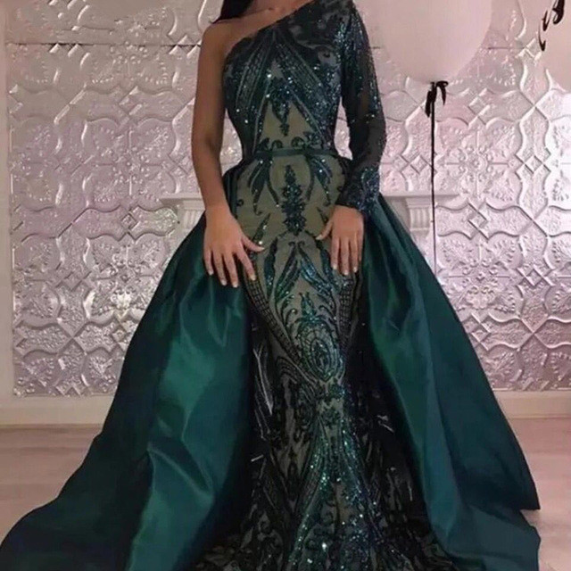 Mermaid One Shoulder Sweep / Brush Train Formal Wear With Sequins 2