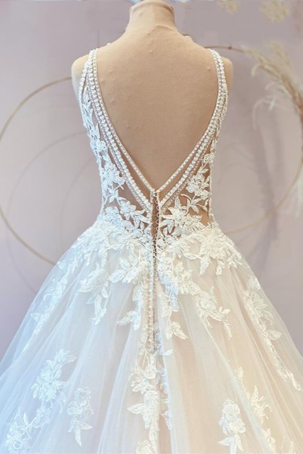 A-line V-neck Sleeveless Court Train Tulle Bridal Gown With Lace 4