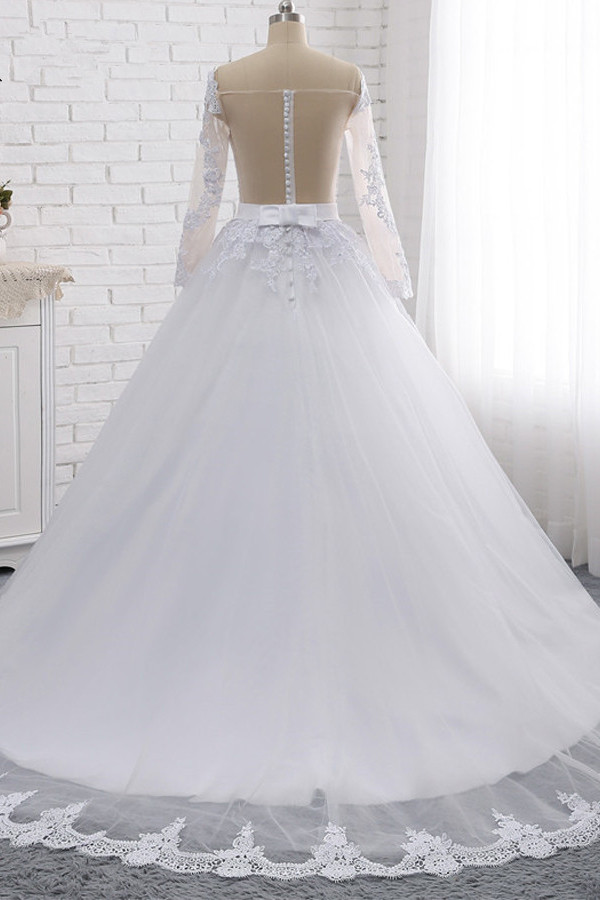 A-line Off-the-shoulder Long Sleeves Floor-length Tulle Wedding Dress With Lace 2