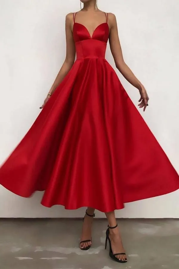A-line Spaghetti Straps Sleeveless Tea-length Satin Evening Gown With Ruffles 1