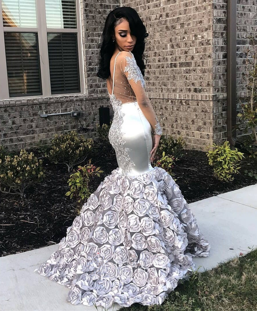Silver Long Sleeve Prom Dress with Flower Bottom 3