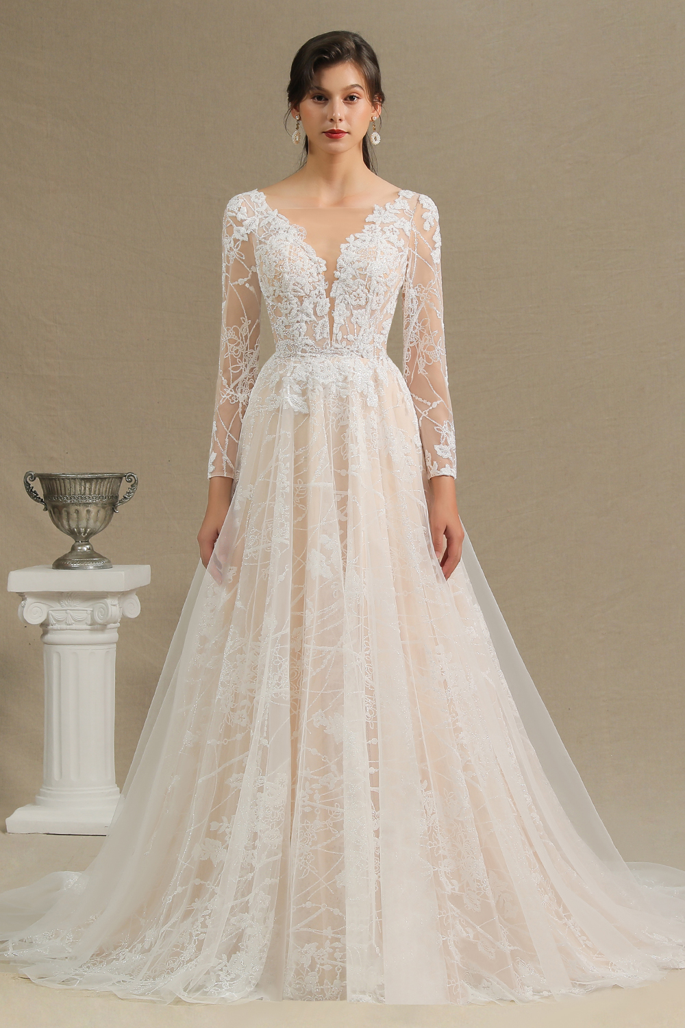 A-line Plunging Neckline Long Sleeves Sweep / Brush Train Tulle Wedding Dress With Lace 3