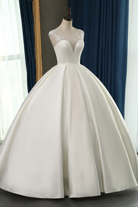 Ball Gown Jewel Neck Sleeveless Floor-length Satin Bridal Dress With Ruffles 4